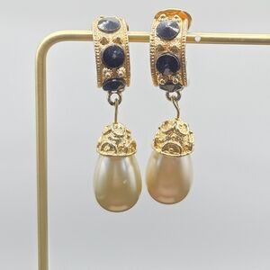 Gold Toned and Black Drop Clip-On Earrings READ DESCRIPTION